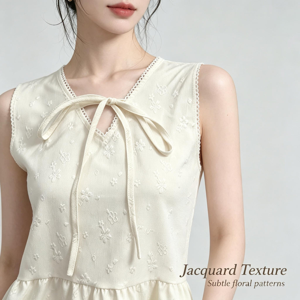 V-neck Sleeveless Floral Jacquard Peplum Top