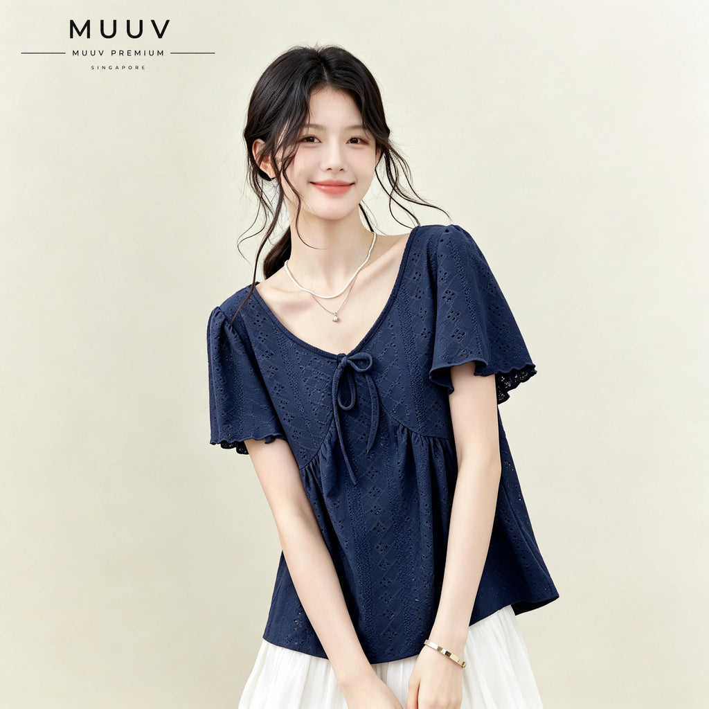 V Neck Navy Embroidery Top