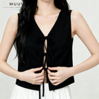 Sleeveless Tie Front Vest V Neck Cropped Top Jacquard Texture Casual Blouse Soft Breathable Fabric New Chinese Style Daily Outfit Summer Fashion Top For Ladies
