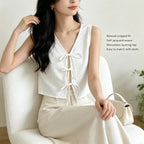 Sleeveless Tie Front Vest V Neck Cropped Top Jacquard Texture Casual Blouse Soft Breathable Fabric New Chinese Style Daily Outfit Summer Fashion Top For Ladies