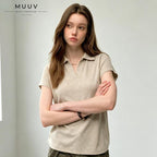 Knitted V Neck Polo Tee Korean Style Slim Short Sleeve Top