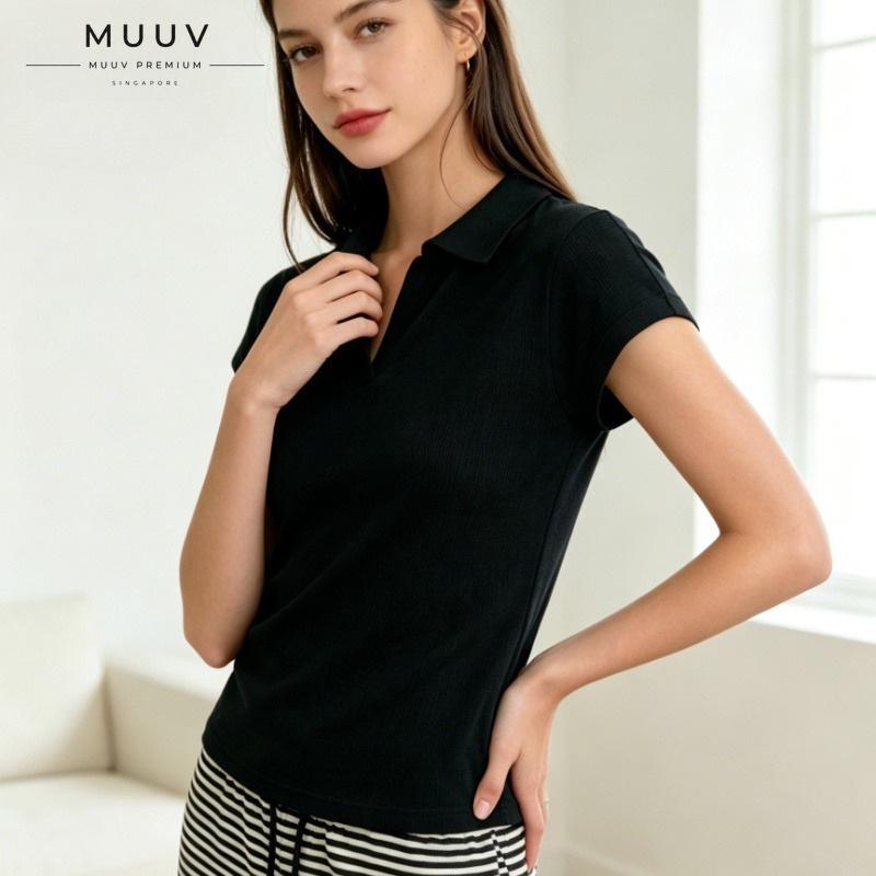Knitted V Neck Polo Tee Korean Style Slim Short Sleeve Top