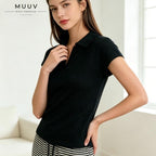 Knitted V Neck Polo Tee Korean Style Slim Short Sleeve Top