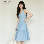 Women Square Neck Sleeveless Plain Midi Dress Tiered Ruffle Hem With Side Pockets