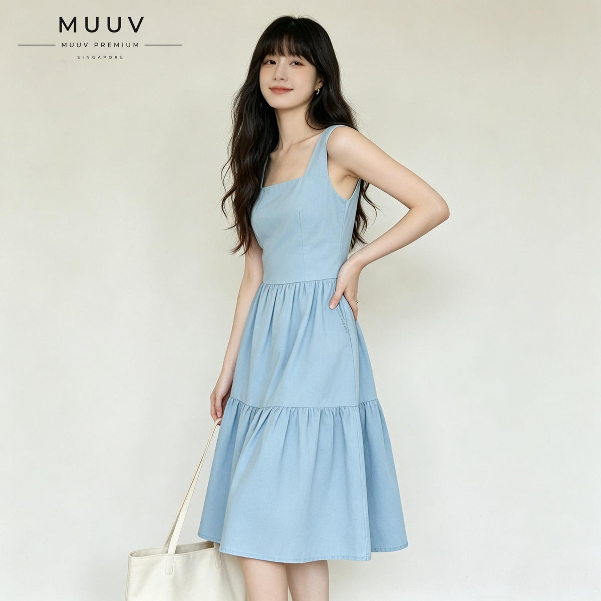 Women Square Neck Sleeveless Plain Midi Dress Tiered Ruffle Hem With Side Pockets