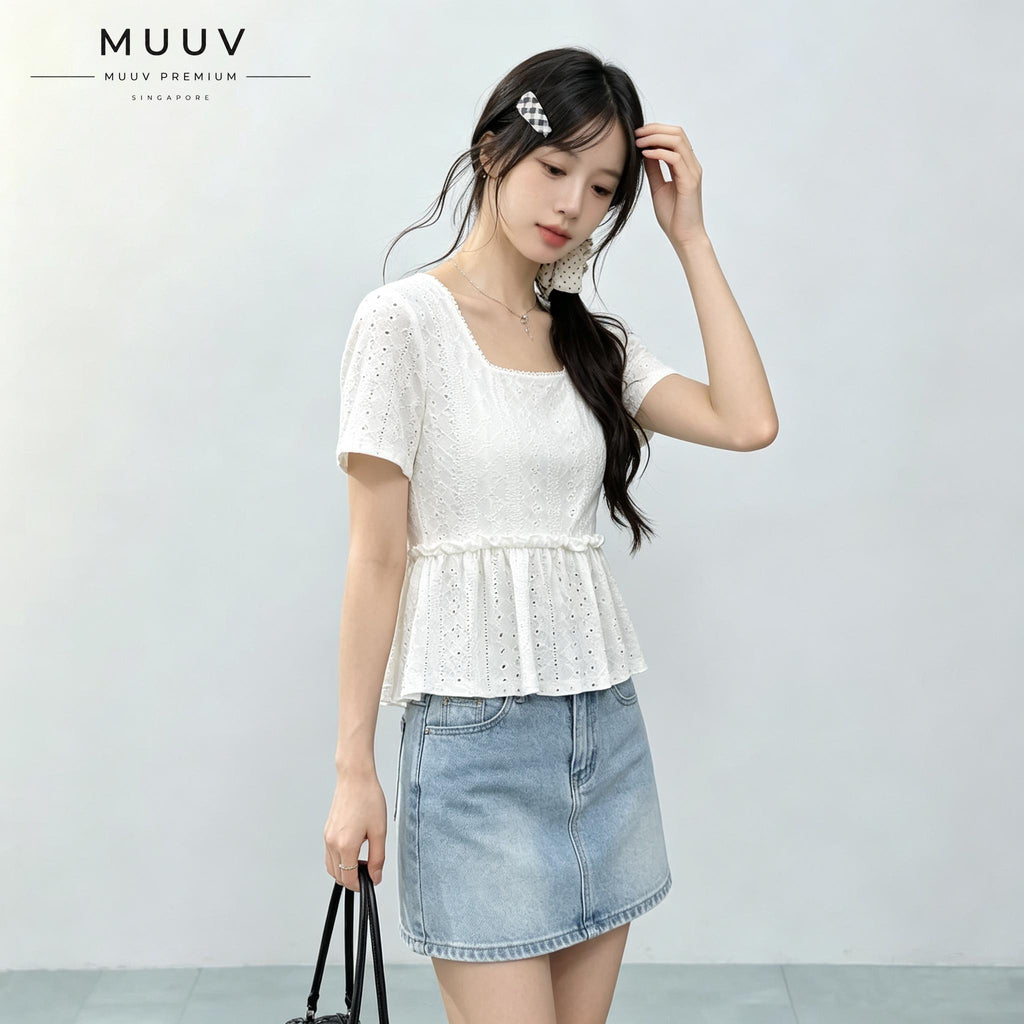 Women Eyelet Embroidery Square Neck Short Sleeve Top