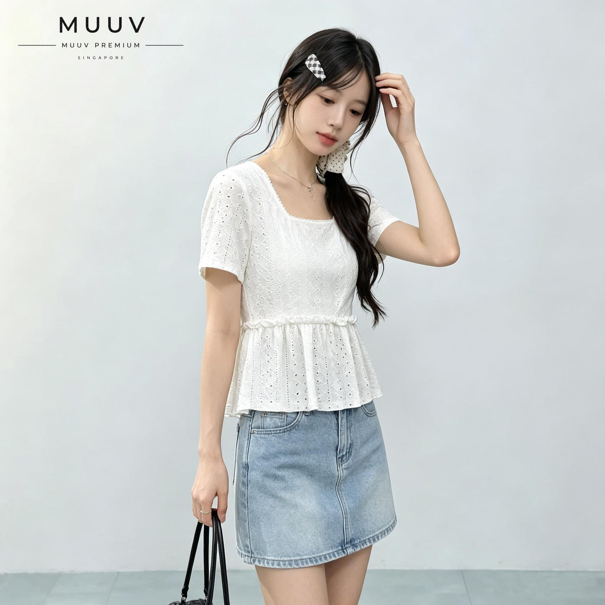 Women Eyelet Embroidery Square Neck Short Sleeve Top