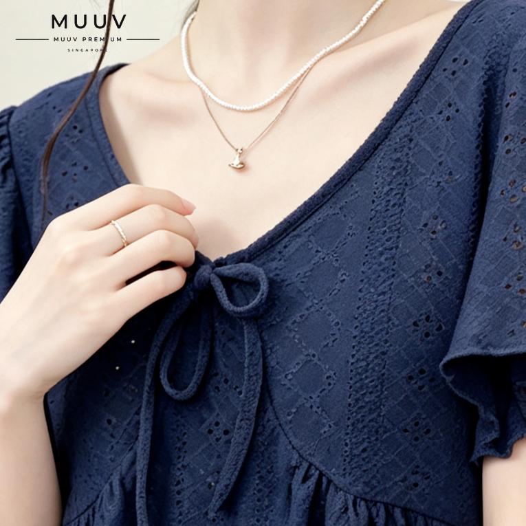 V Neck Navy Embroidery Top