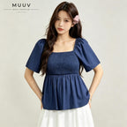 Square Neck Smocked Peplum Blouse