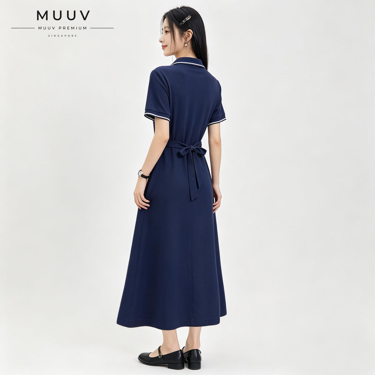 Women V neck Polo Collar Short Sleeved Maxi Dress