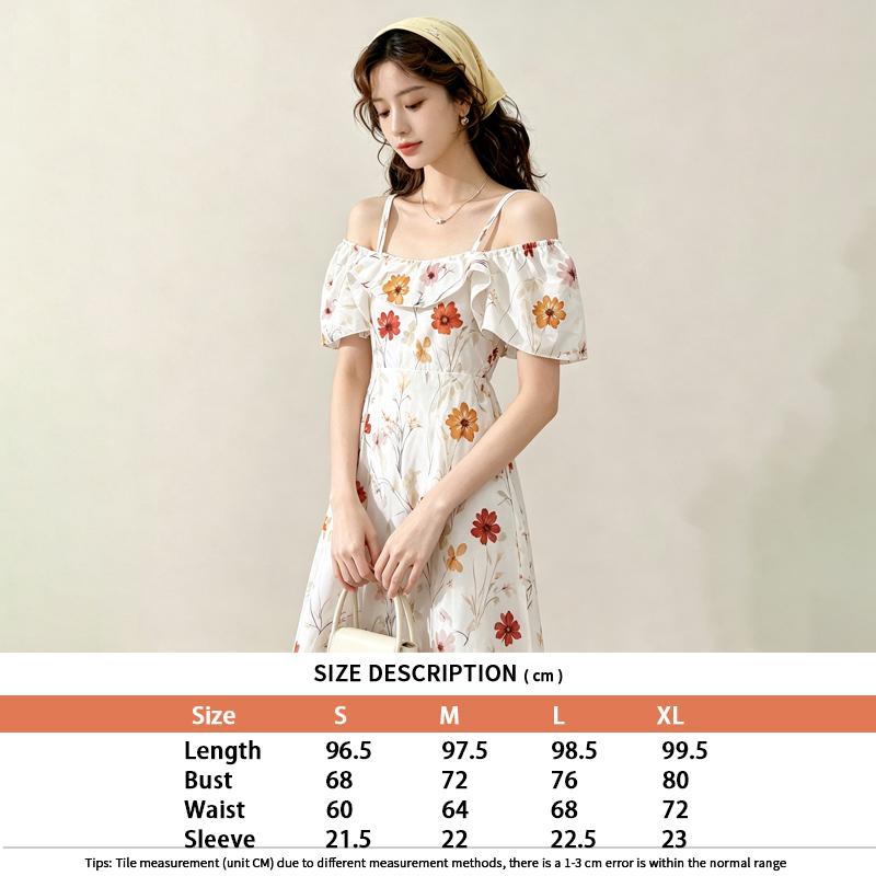 Off Shoulder Spaghetti Strap Floral Midi Dress Ruffle Short Sleeve Flowy A Line Swing Dress Lightweight Chiffon Fabric Summer Vacation Beach Casual Daily Party Weekend Outfit