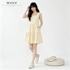Women Square Neck Sleeveless Plain Midi Dress Tiered Ruffle Hem With Side Pockets