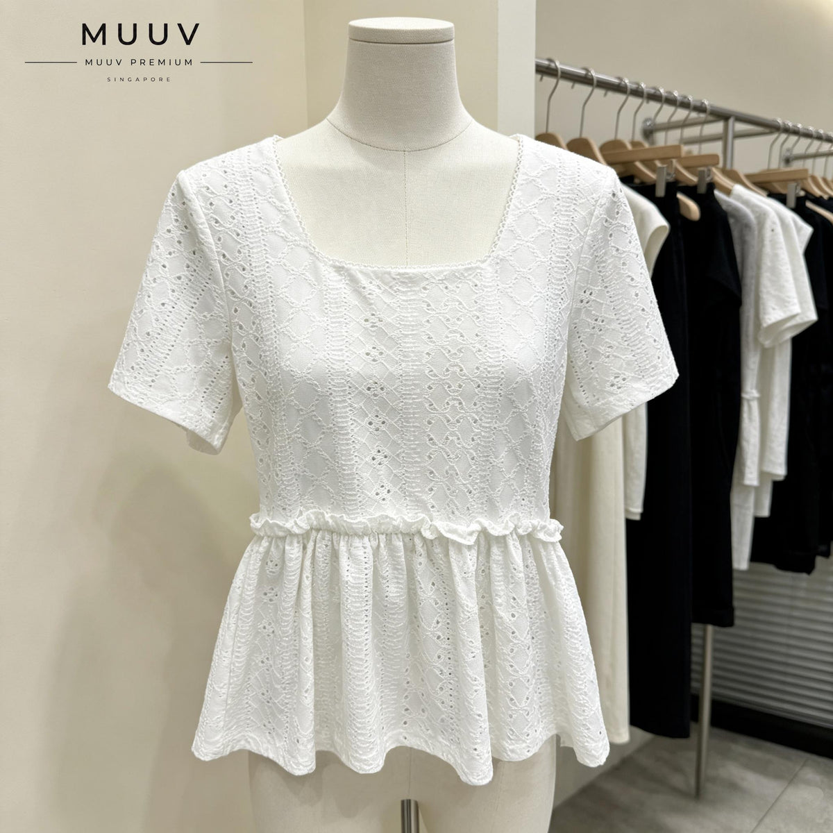 Women Eyelet Embroidery Square Neck Short Sleeve Top