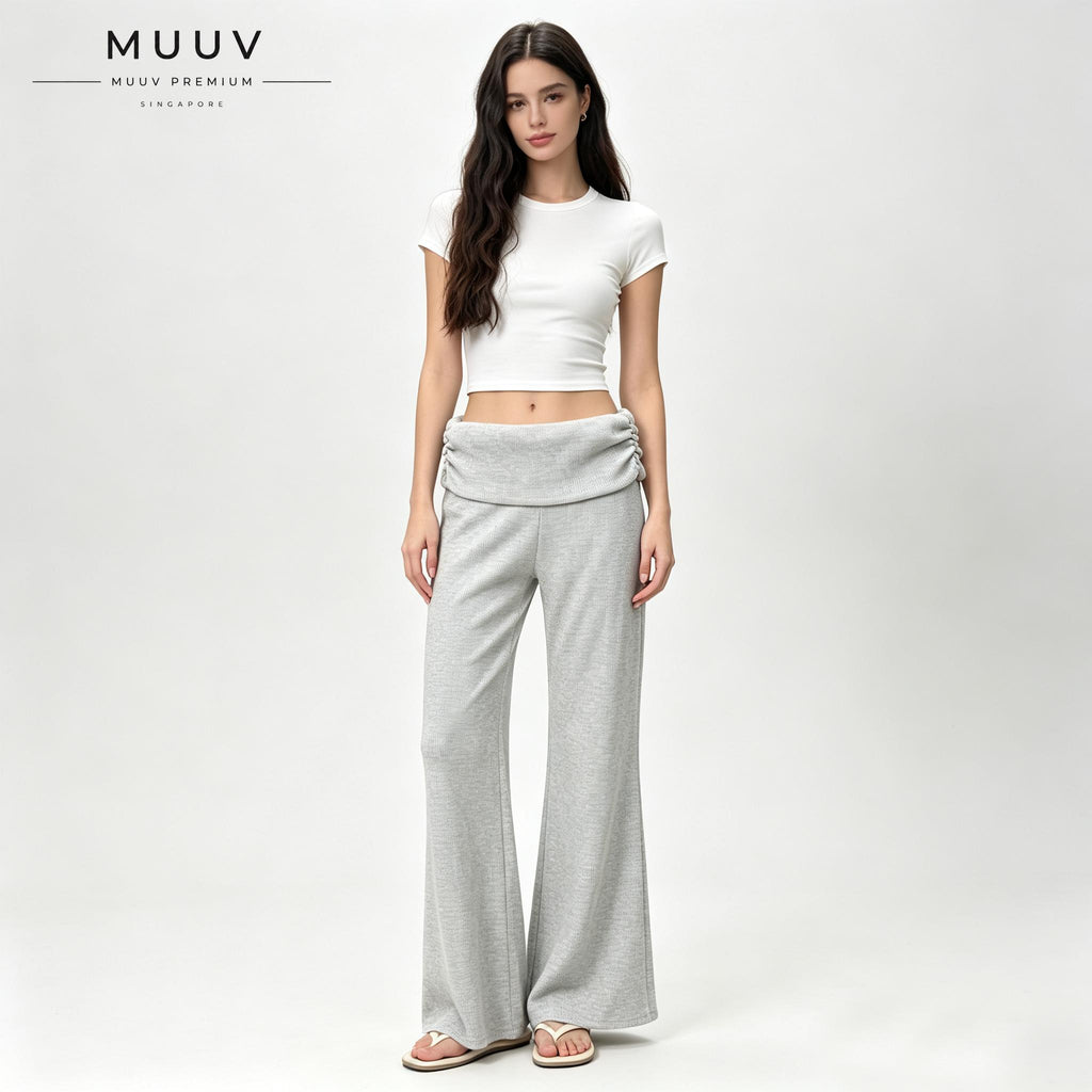 Ribbed Knit Fold Over Waist Flare Leg Pants