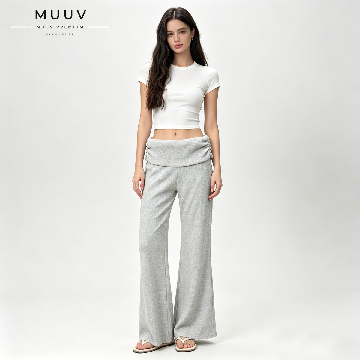 Ribbed Knit Fold Over Waist Flare Leg Pants