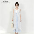 Two Piece Outfit White Hollow Tassel Sleeveless Striped Midi Dress Set