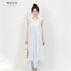 Two Piece Outfit White Hollow Tassel Sleeveless Striped Midi Dress Set