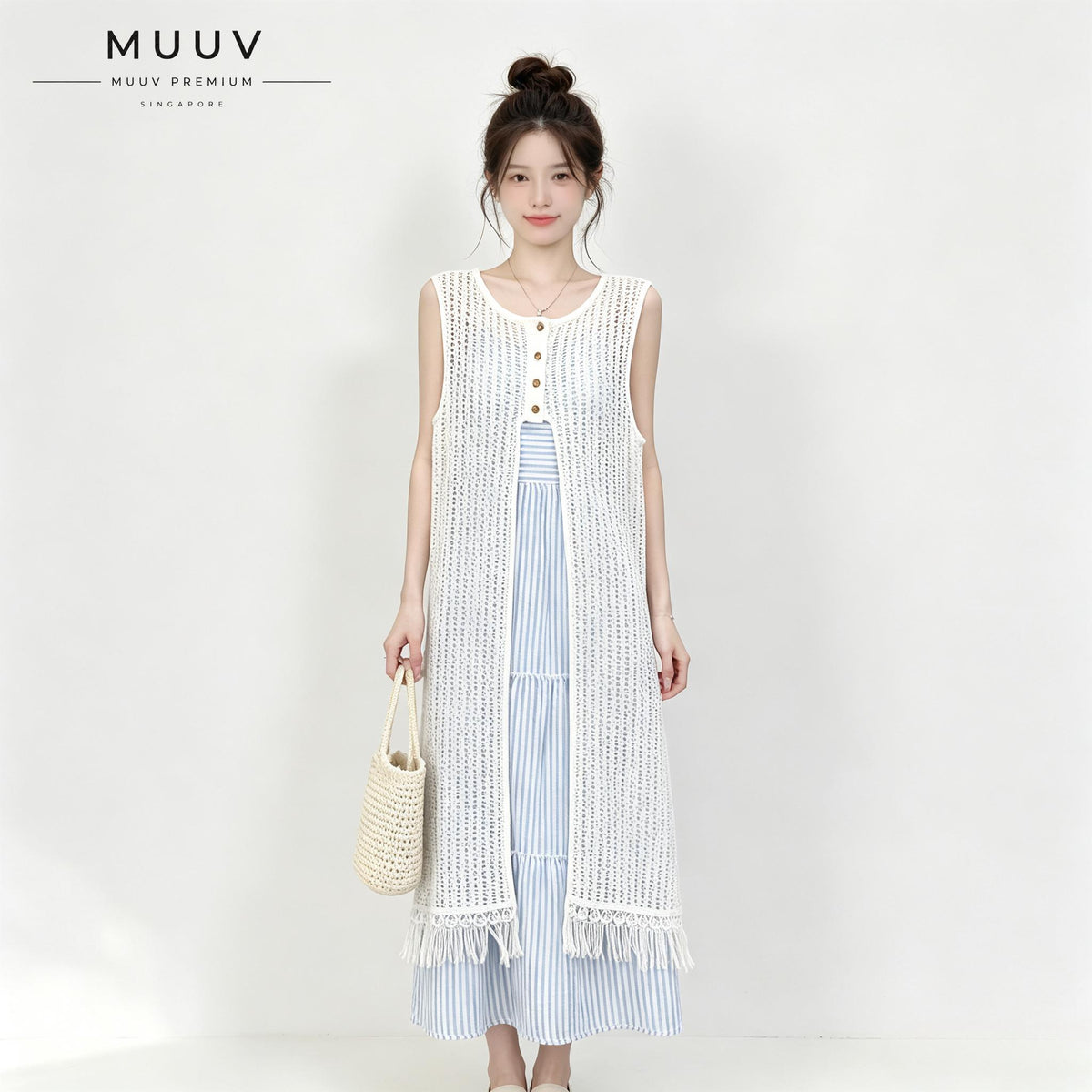 Two Piece Outfit White Hollow Tassel Sleeveless Striped Midi Dress Set