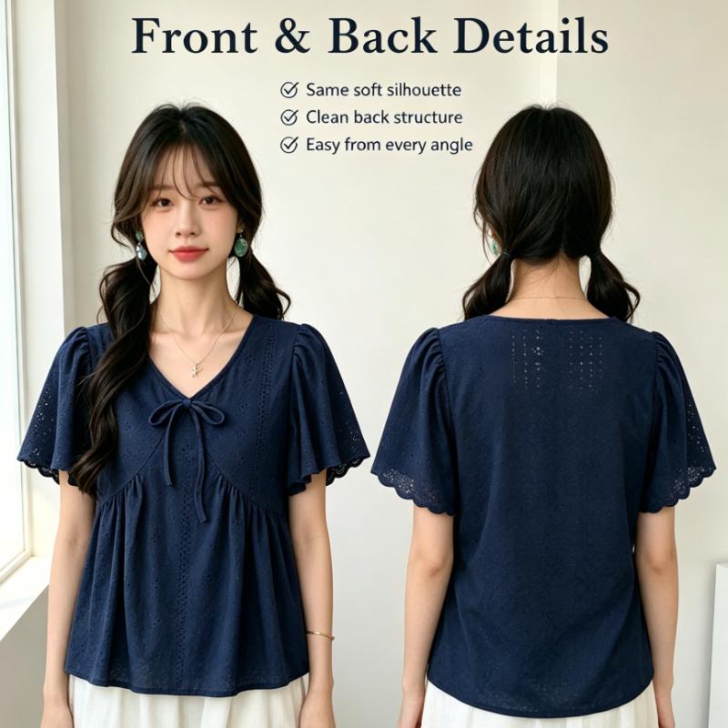 V Neck Navy Embroidery Top