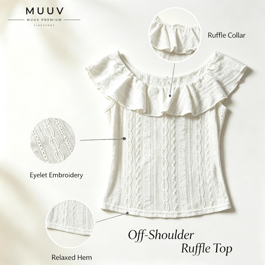 Women Eyelet Embroidery Ruffle Convertible Neck Knit Top