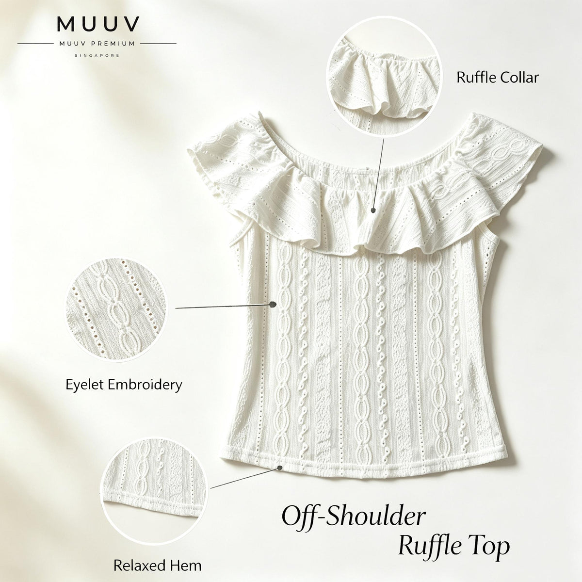 Women Eyelet Embroidery Ruffle Convertible Neck Knit Top