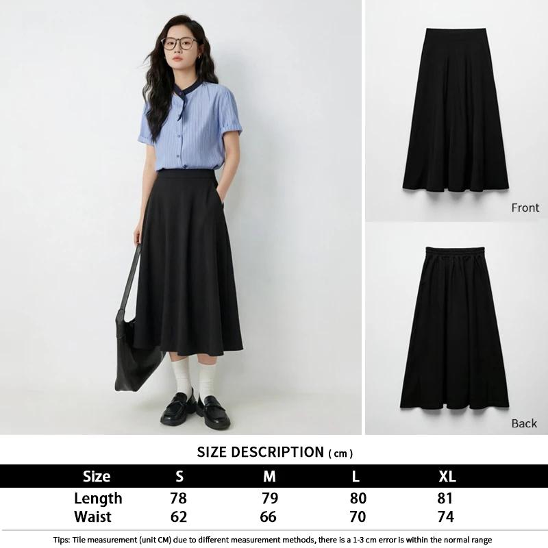 A-Line Solid Black Flared Midi Skirt with Functional Pockets