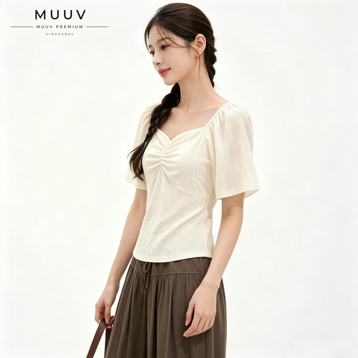 Jacquard Sweetheart Neckline Flutter Sleeve Blouse