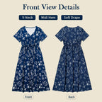 Navy Blue Short Sleeve V Neck Floral Midi Dress