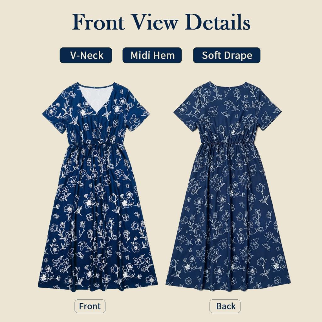 Navy Blue Short Sleeve V Neck Floral Midi Dress