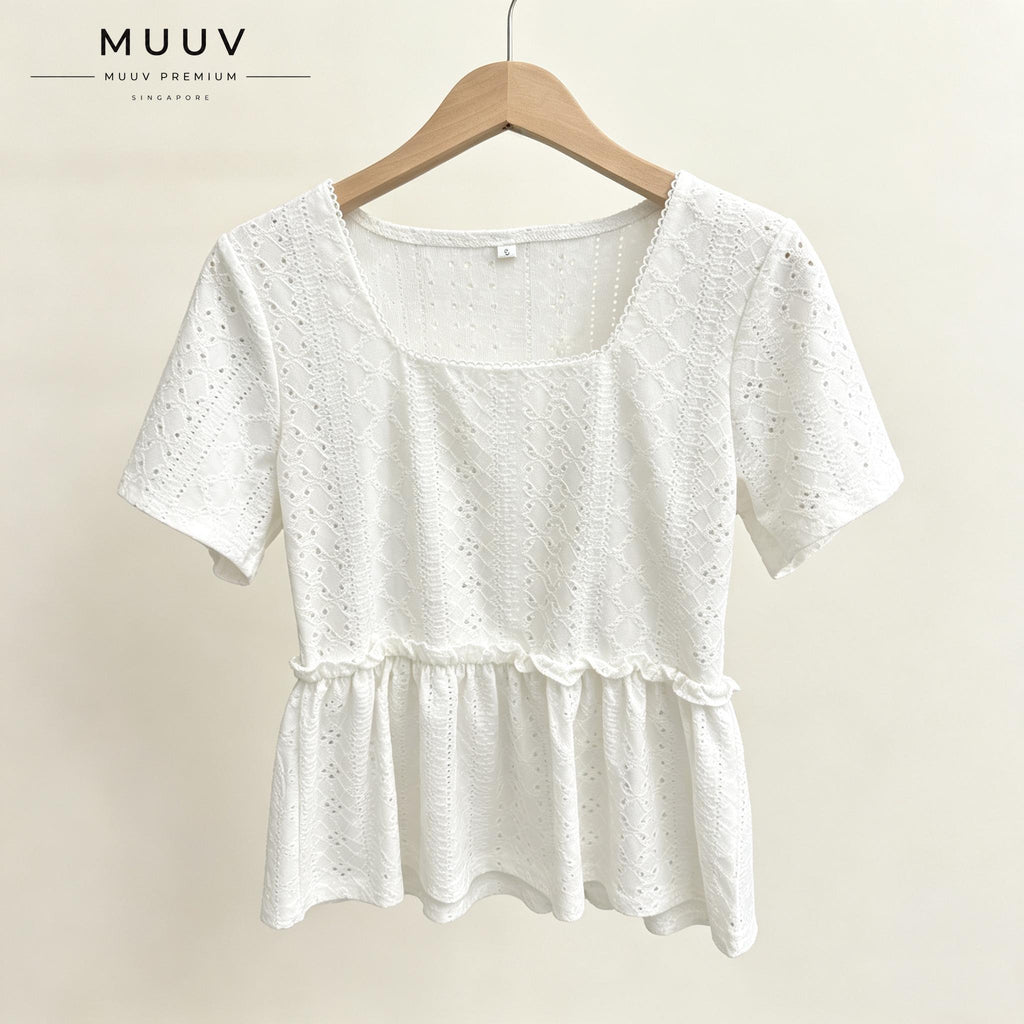 Women Eyelet Embroidery Square Neck Short Sleeve Top
