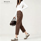 High Waist Pleated Straight Ankle Suit Pants