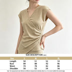 V Neck Knit Blouse Cap Sleeve Side Ruched Irregular Hem