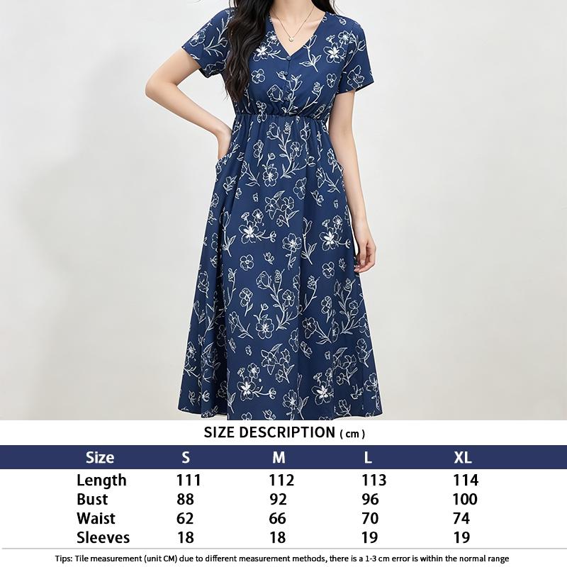 Navy Blue Short Sleeve V Neck Floral Midi Dress