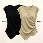 V Neck Knit Blouse Cap Sleeve Side Ruched Irregular Hem