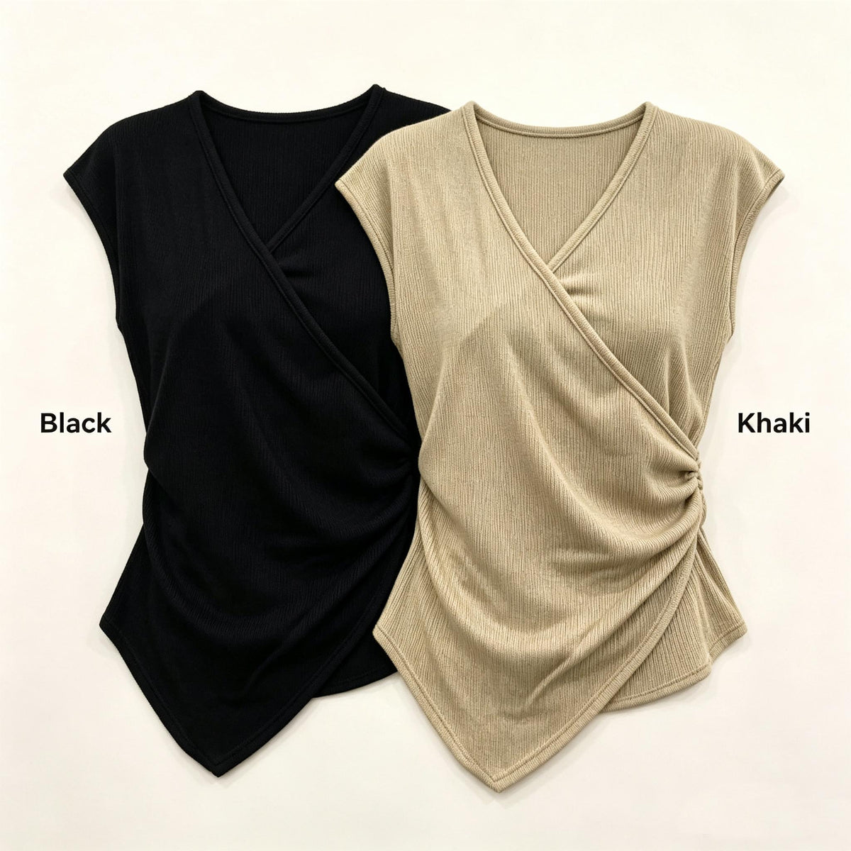 V Neck Knit Blouse Cap Sleeve Side Ruched Irregular Hem