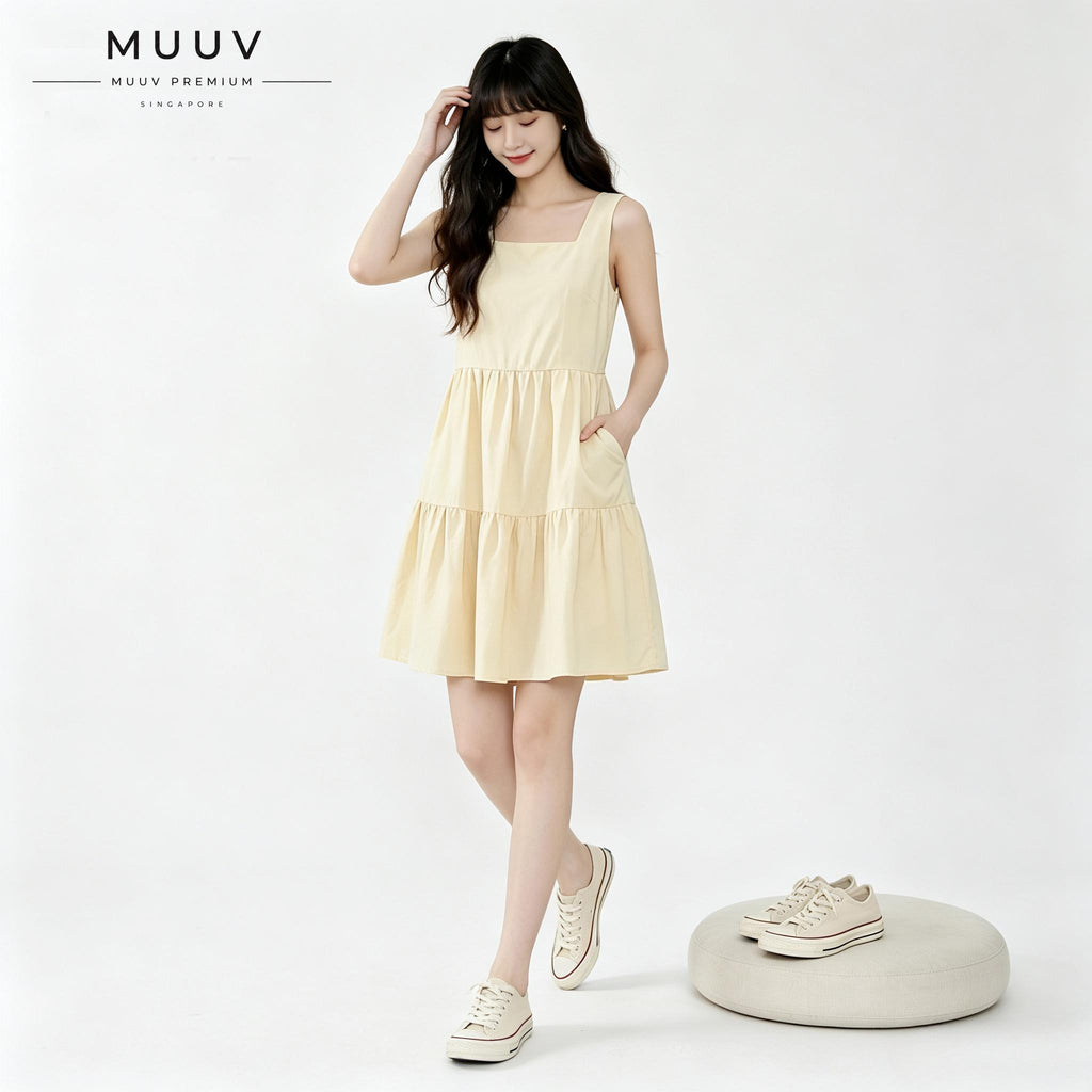 Women Square Neck Sleeveless Plain Midi Dress Tiered Ruffle Hem With Side Pockets