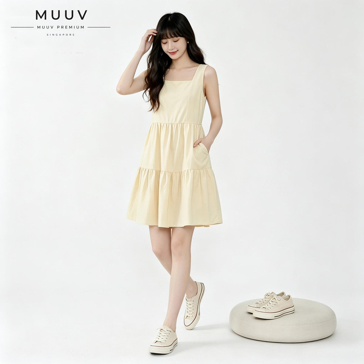 Women Square Neck Sleeveless Plain Midi Dress Tiered Ruffle Hem With Side Pockets