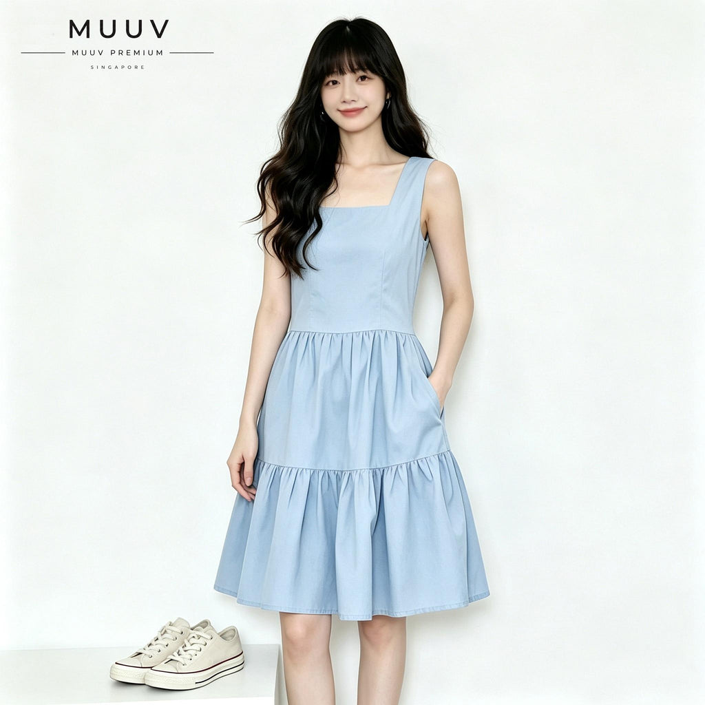 Women Square Neck Sleeveless Plain Midi Dress Tiered Ruffle Hem With Side Pockets