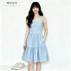 Women Square Neck Sleeveless Plain Midi Dress Tiered Ruffle Hem With Side Pockets