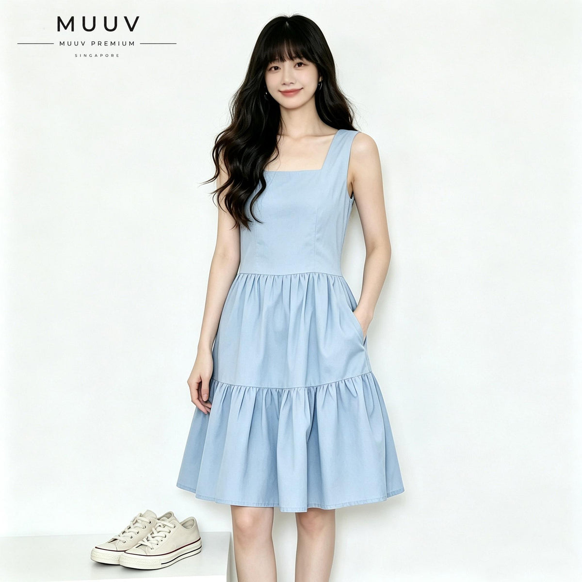 Women Square Neck Sleeveless Plain Midi Dress Tiered Ruffle Hem With Side Pockets