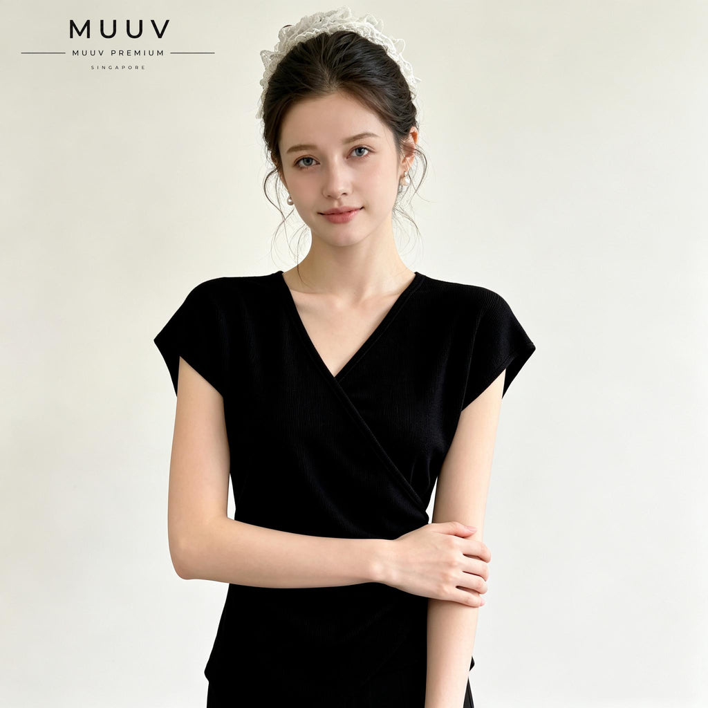 V Neck Knit Blouse Cap Sleeve Side Ruched Irregular Hem