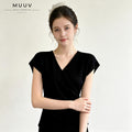 V Neck Knit Blouse Cap Sleeve Side Ruched Irregular Hem