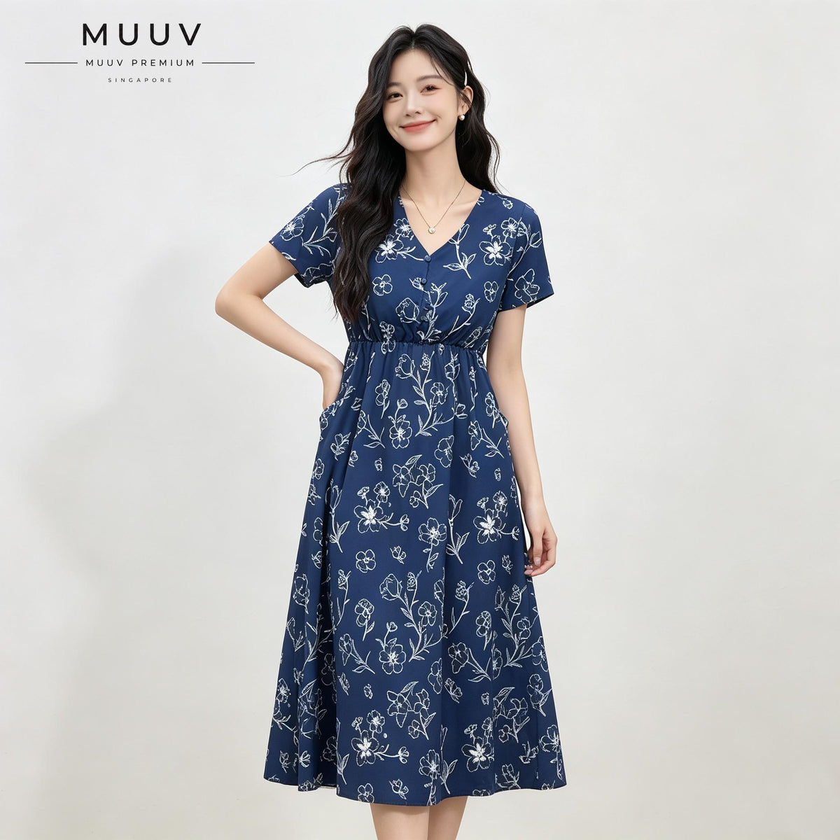 Navy Blue Short Sleeve V Neck Floral Midi Dress