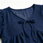 V Neck Navy Embroidery Top