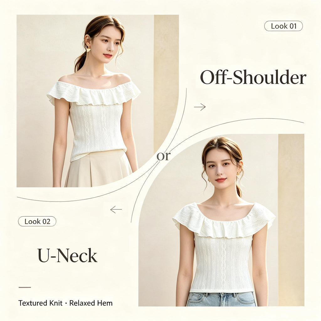 Women Eyelet Embroidery Ruffle Convertible Neck Knit Top