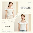 Women Eyelet Embroidery Ruffle Convertible Neck Knit Top