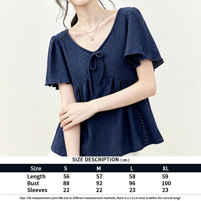 V Neck Navy Embroidery Top