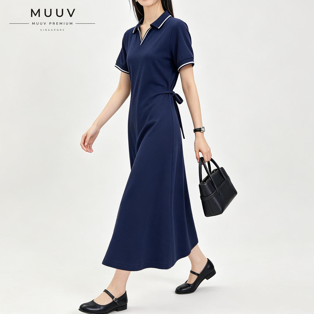 Women V neck Polo Collar Short Sleeved Maxi Dress