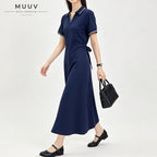 Women V neck Polo Collar Short Sleeved Maxi Dress