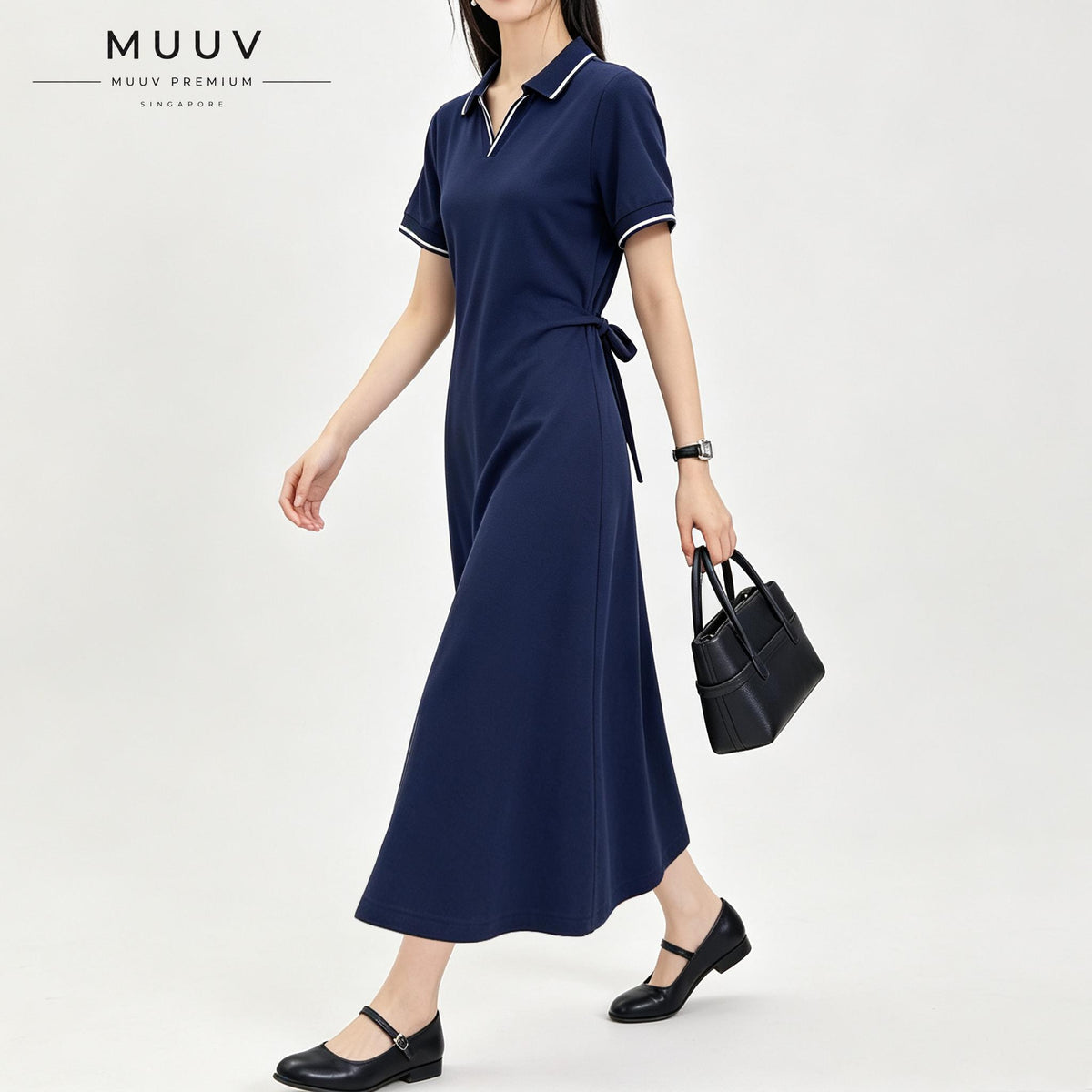 Women V neck Polo Collar Short Sleeved Maxi Dress